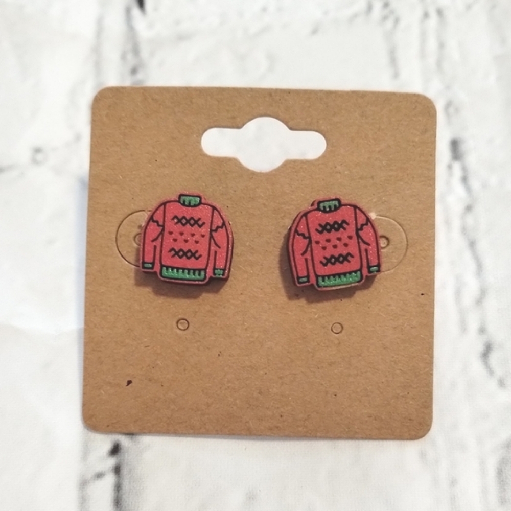 Handmade Wood Sweater Stud Earrings Red Green Black Silver